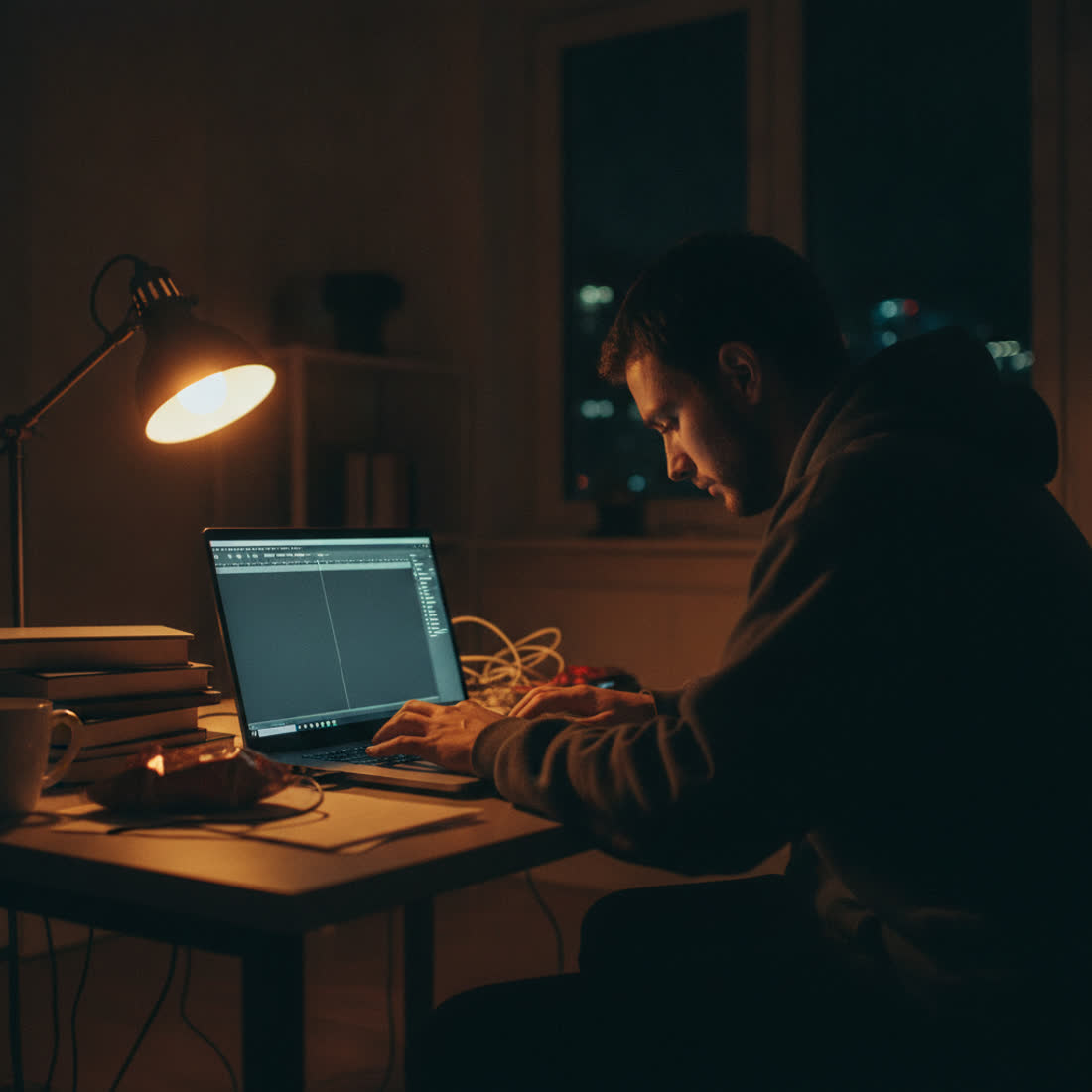 A blank editing timeline glowing in a dark room