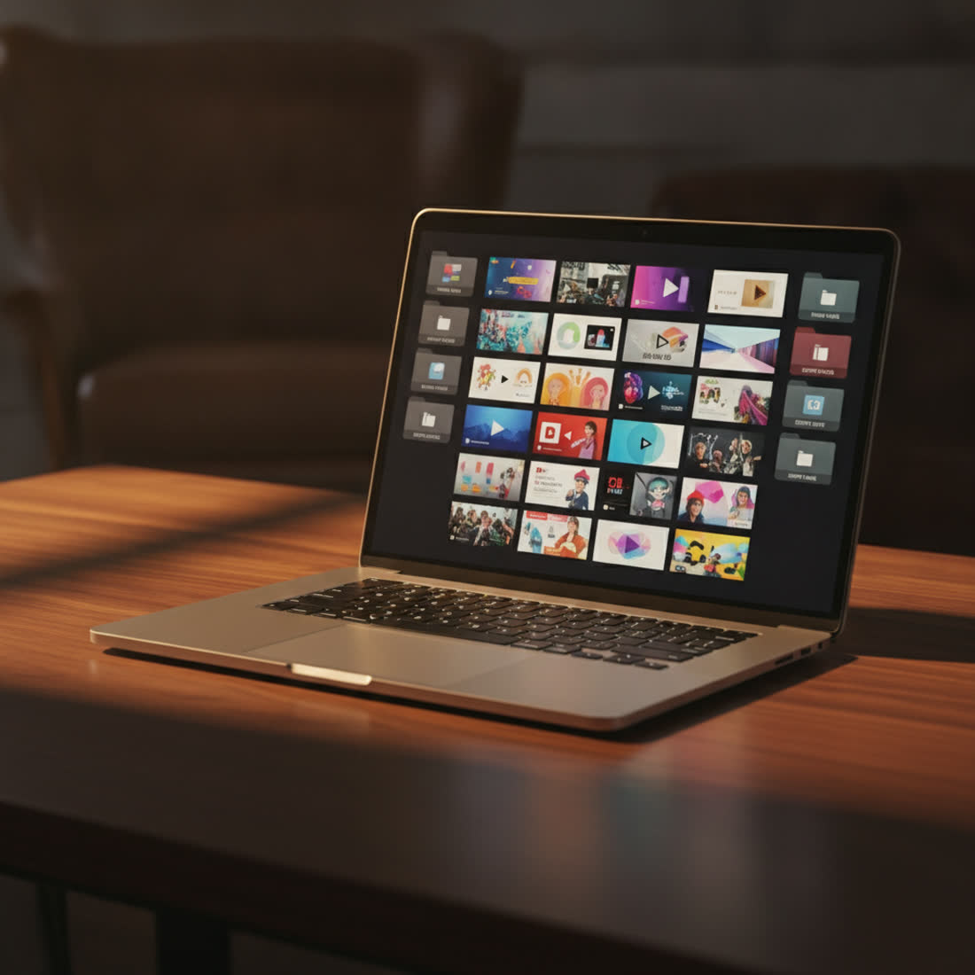 A laptop showing an organised grid of labelled video folders