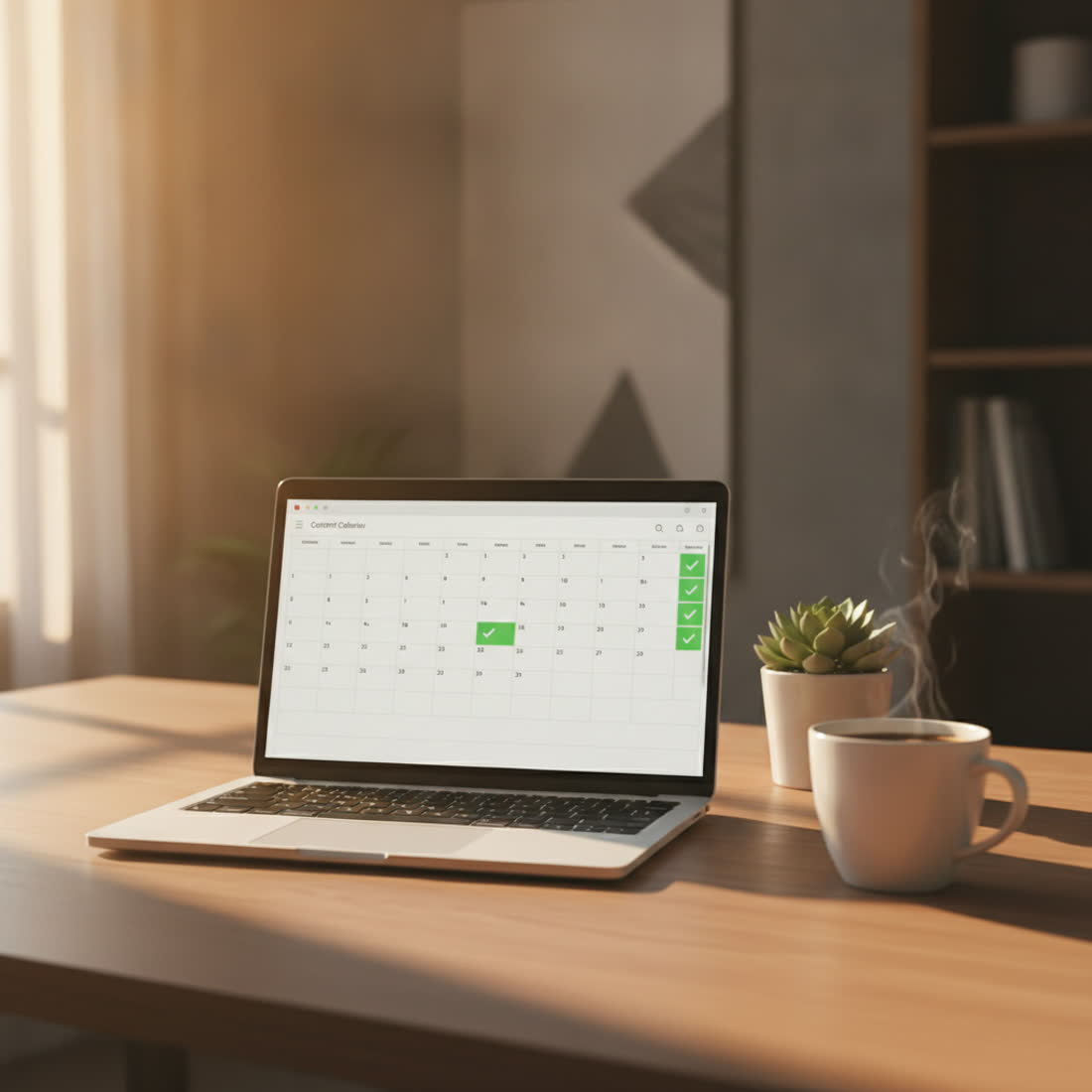 A calm desk with a fully scheduled content calendar in morning light